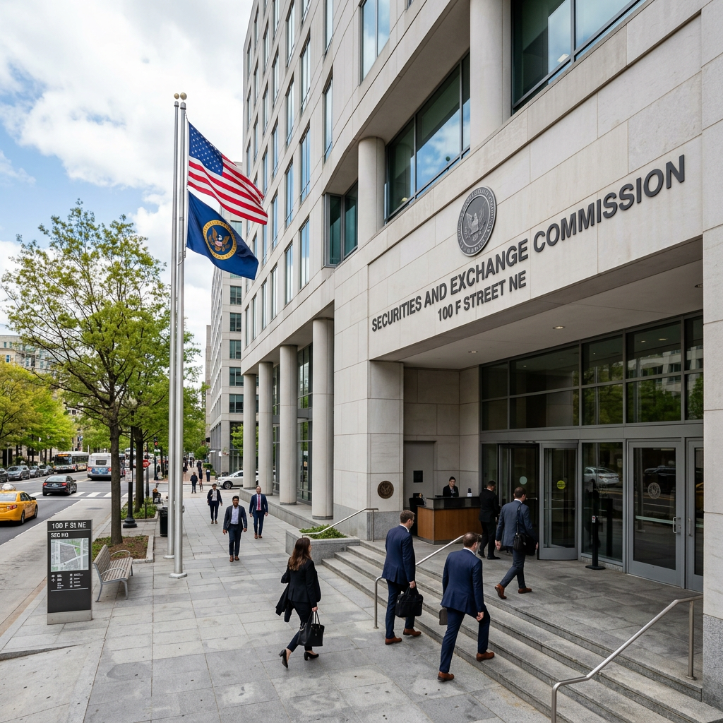 Securities and Exchange Commission building at 100 F Street NE with American and agency flags