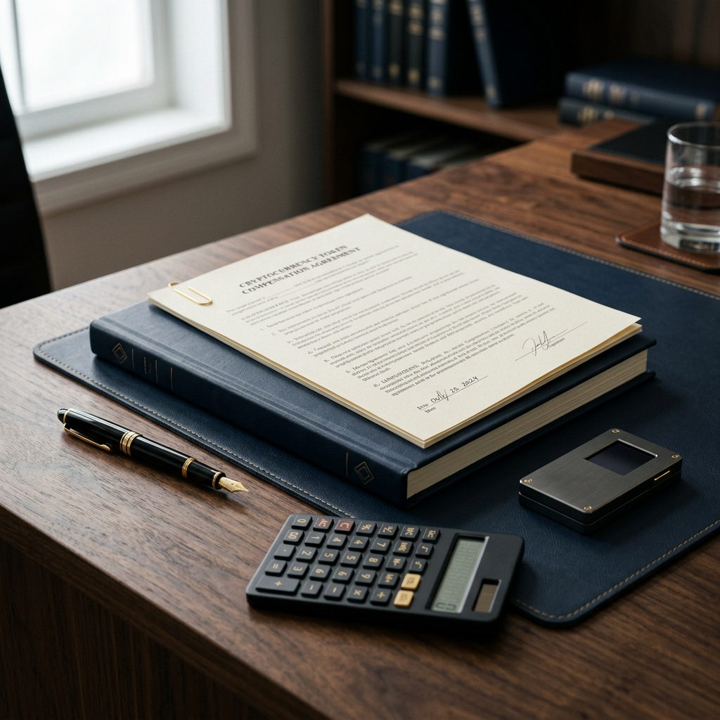Signed cryptocurrency agreement on a desk with calculator, pen, ledger, and glass of water